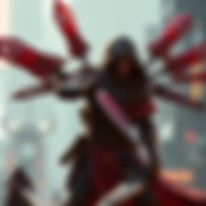 A character showcasing blade-like cloak attachments in an action cutscene