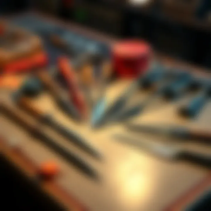 An array of kunai arranged creatively on a gaming table, showcasing different build strategies and techniques.