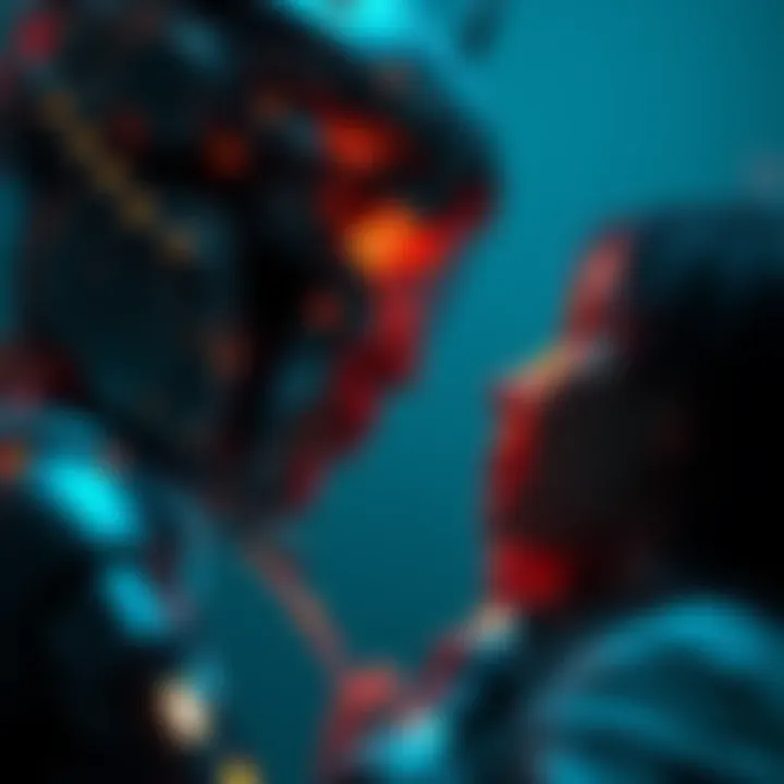 A futuristic robot girlfriend with metallic features interacting with a human in a dimly lit room, showcasing a blend of technology and intimacy.