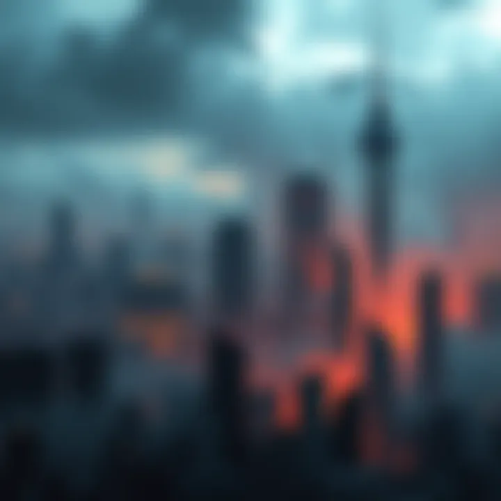 A dark city skyline with unusual structures and eerie lighting, reflecting unsettling elements of modern life