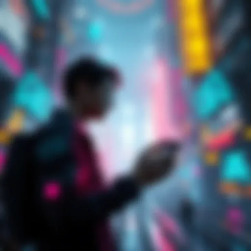 A character in a futuristic, dystopian city holding a device, surrounded by holographic displays and intense lighting.