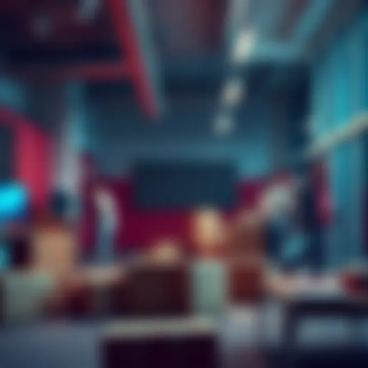 A visual representation of EA's cost-cutting measures, showing a gaming office with employees packing boxes and a sign indicating layoffs.