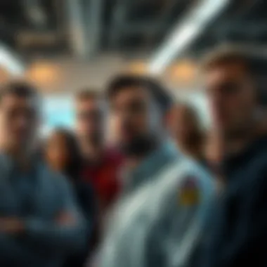 A worried group of Electronic Arts employees standing together, looking concerned about potential layoffs, with an office setting in the background.