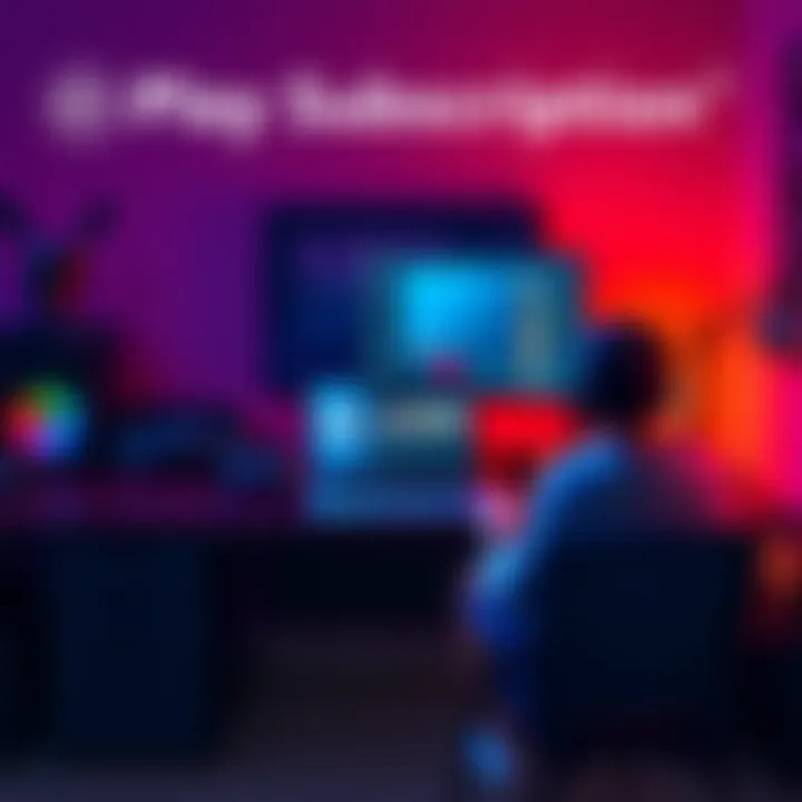 A gamer sits at a desk with multiple gaming consoles and a laptop displaying EA Play subscription details.