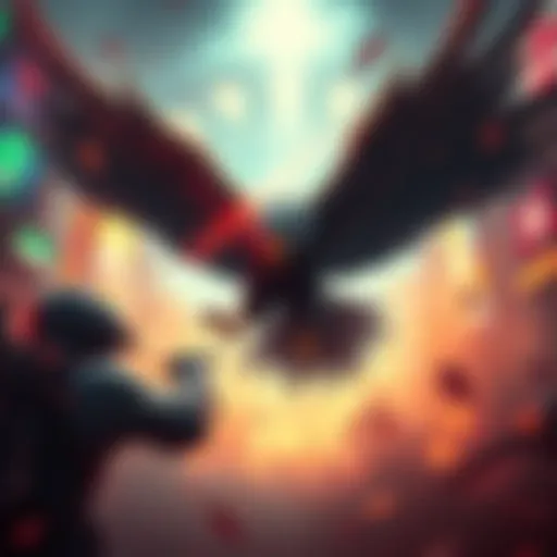 A player facing off against the Eagle in a duel, surrounded by a vibrant and dynamic setting.