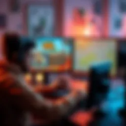 A game developer working on a computer with early access game graphics displayed on the screen, showcasing player feedback and unfinished elements.