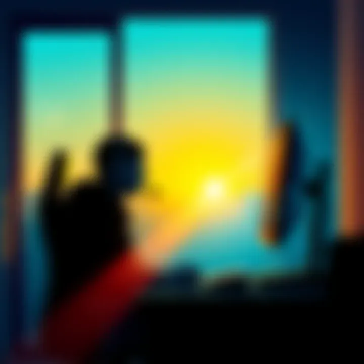 A gamer sitting at a desk, focused on a computer screen, with sunrise light coming through a window.