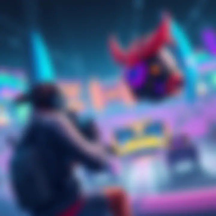 A gamer competing in a colorful arena, aiming for exclusive Jynxzi items while facing off against popular players.
