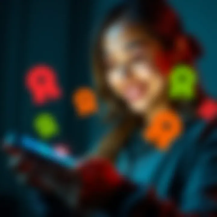 A person using a smartphone to earn Microsoft Rewards points with a cheerful expression, surrounded by reward icons