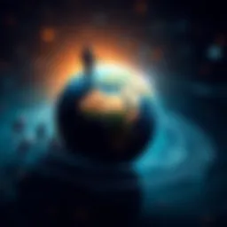 A person experiencing dizziness while standing on a spinning Earth, with swirling lines indicating motion.