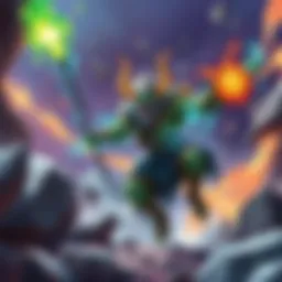 An illustration of Earth Spirit unleashing his ultimate ability in a vibrant battle scene, showcasing rocks and energy effects around him.
