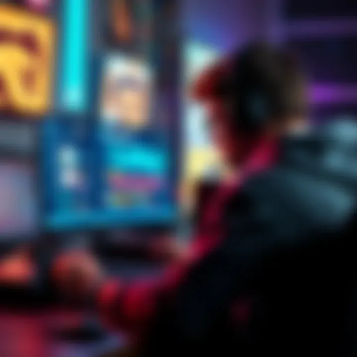 A focused gamer on the East Coast playing a game on a computer with Exitlag open on the screen, showing improved ping results.