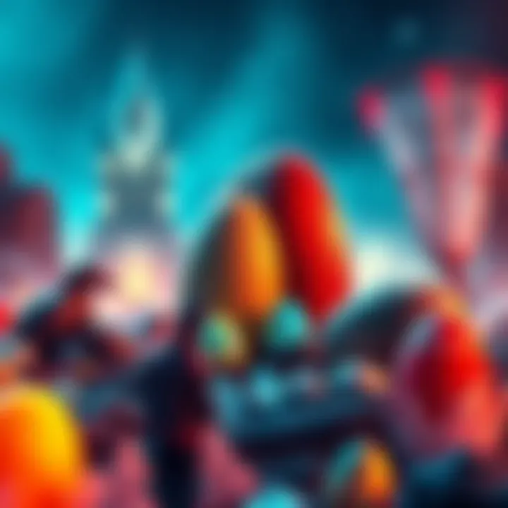 A collage of Easter eggs and pop culture references from the Blood on Crystal DLC, featuring hints from Titanic and Witcher 3, set in a vibrant game environment