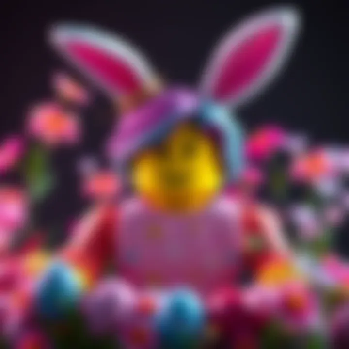 A colorful Roblox avatar dressed in Easter-themed attire with bunny ears and pastel colors, surrounded by Easter eggs and flowers.