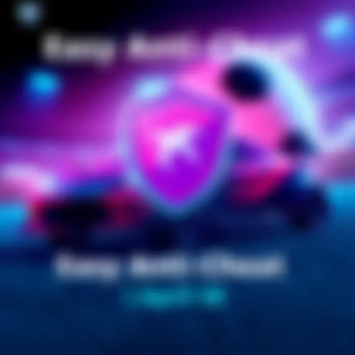 Easy Anti-Cheat Launch for Rocket League An illustration showing a Rocket League car with a shield icon, symbolizing the Easy Anti-Cheat system, with a soccer ball in the background.