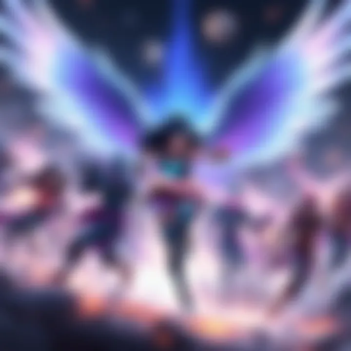 A digital illustration of Echo, a character with wings, using her duplication ability in a battle scene with teammates and enemies around her.