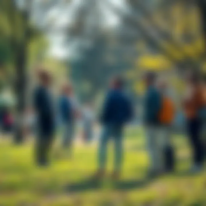 People discussing eco-friendly choices A group of people engaging in a conversation about sustainability and eco-friendly practices in a park setting