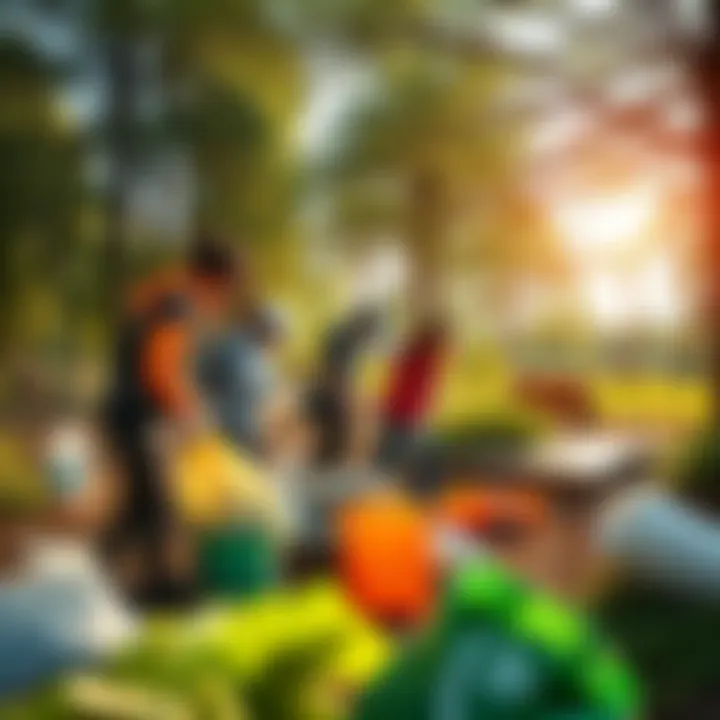 Ecological Issues A diverse group of people engaged in a community clean-up, collecting trash from a park in a sunny environment, promoting ecological awareness.