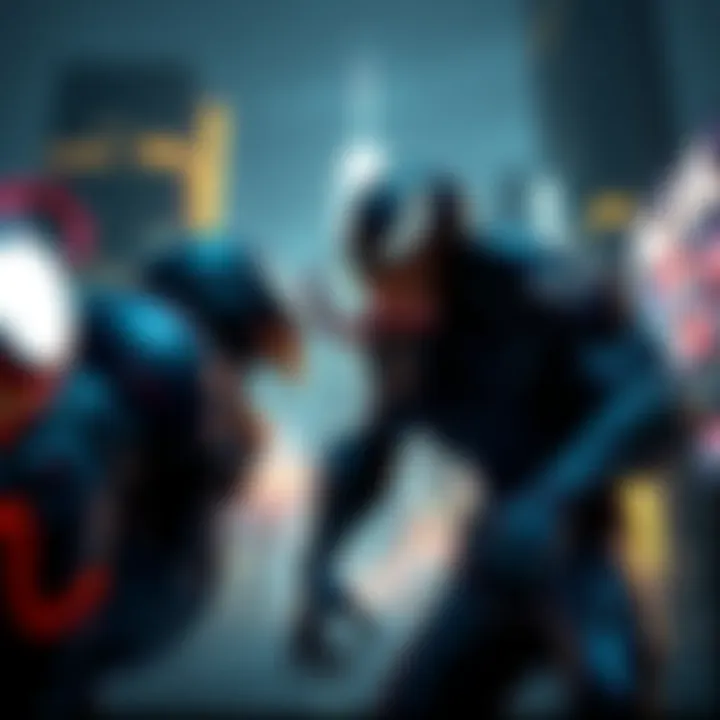 Eddie Brock in a dark city, facing off against the chaotic figure of Carnage as they prepare for battle