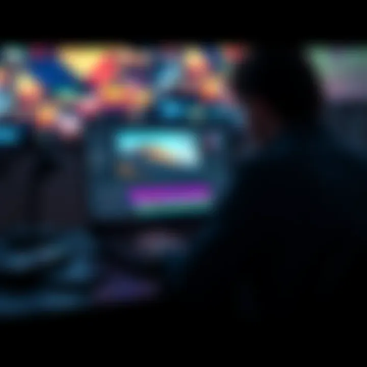 A person working on video editing using Davinci Resolve software on a laptop, surrounded by colorful graphics and clips