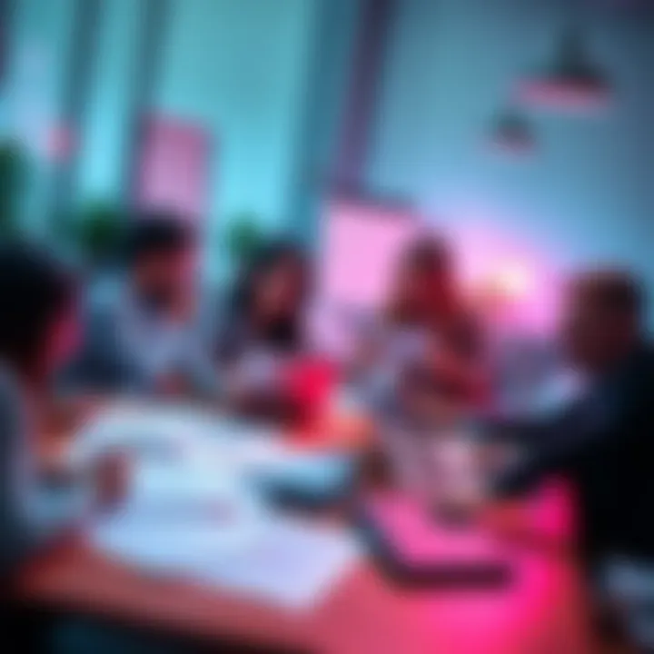 A team of editors collaborating on a content piece, with papers and laptops on a table, illustrating the triple edit process.