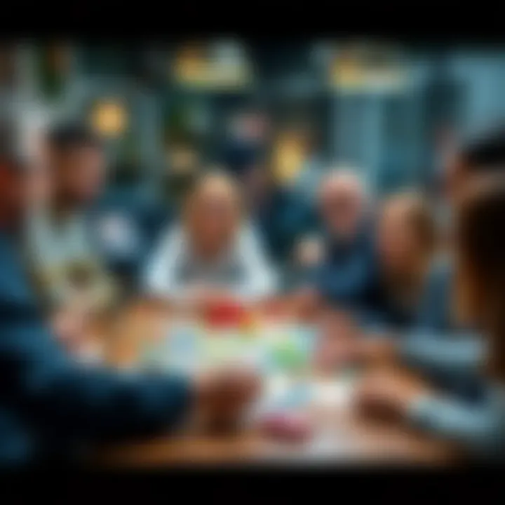 Educational Games for Adults Group of adults playing a trivia game together, smiling and engaged, with game pieces and cards on the table.