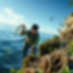 A player character retrieving Eel's Twine from a coastal area with water and vegetation