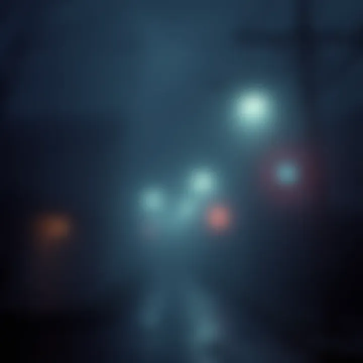 A foggy street at night with eerie lighting, resembling a scary game setting