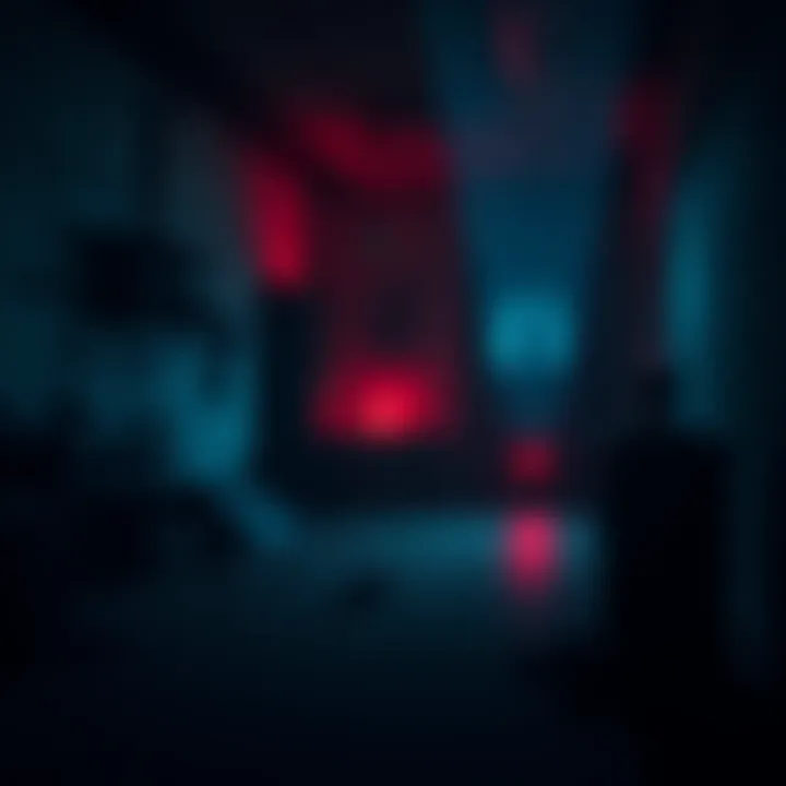 A dimly lit room with shadows, featuring a creepy figure in the corner and objects scattered around, evoking a haunting atmosphere.