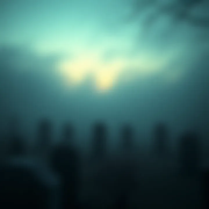 Eerie scene of a misty graveyard at dusk A misty graveyard at dusk with fog rolling over gravestones, creating an unsettling atmosphere.