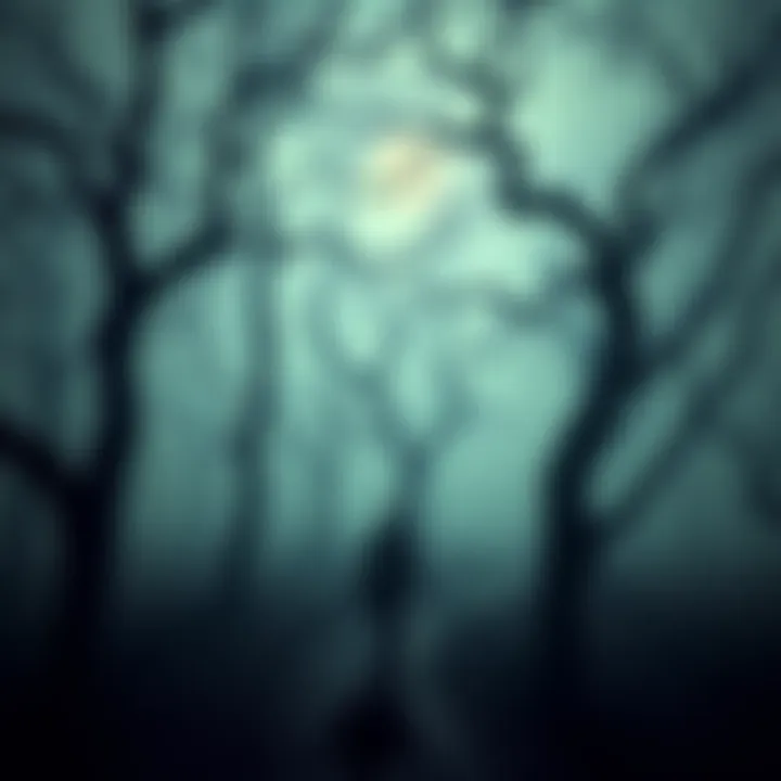 A dark, fog-filled forest with twisted trees and ghostly figures lurking in the shadows, creating a sense of dread