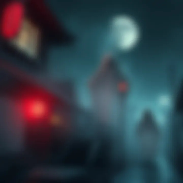 A spooky setting with dark shadows and ghostly figures from the Shikabane Kaigo series