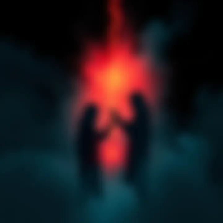 An illustration showing two shadowy figures connected by a glowing thread, surrounded by a dark, misty background to represent unsettling soul connections.