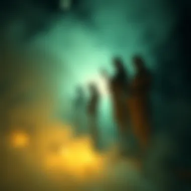 Ghostly-looking statues surrounded by mist and flickering flames in a dimly lit environment
