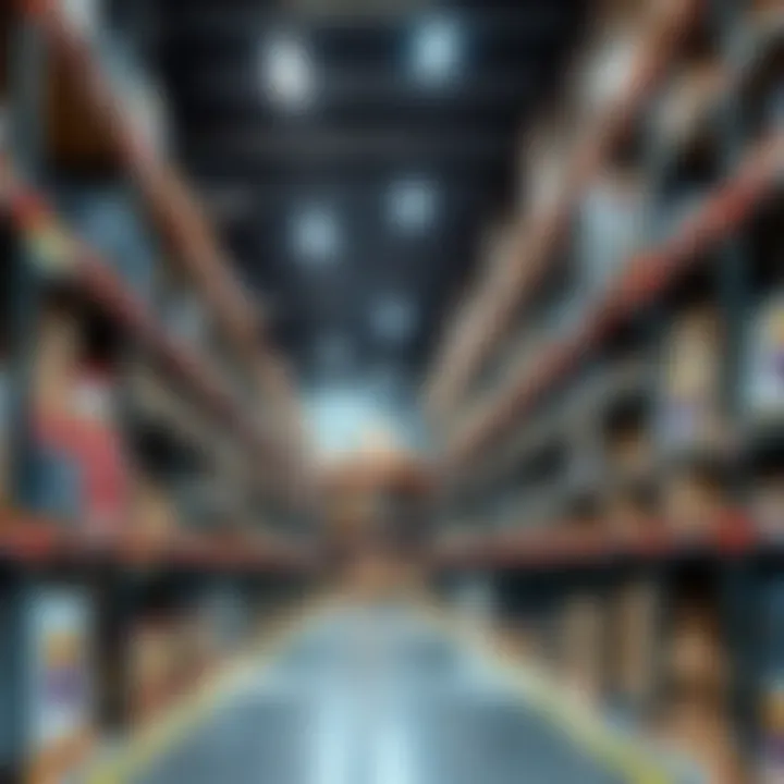 A well-organized warehouse with labeled shelves holding various products, showcasing effective inventory management.
