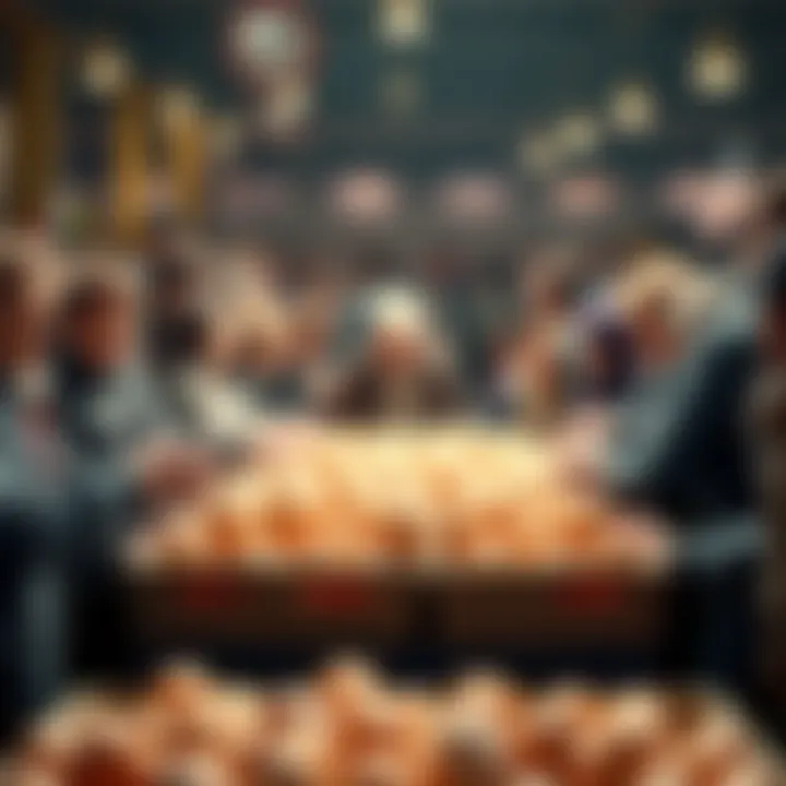 A crowd eagerly gathers around a table filled with eggs, ready to grab their free eggs in a first come, first serve style.