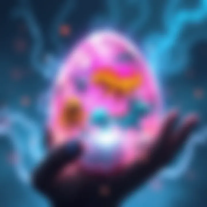 An illustration of Egg Quartz encasing colorful monsters, glowing with energy as they appear to transfer abilities, set against a mystical background