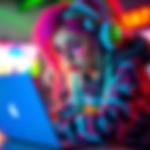 A young person dressed in vibrant gaming-inspired fashion, showcasing colorful hair and playful accessories while engaging with digital content on a laptop.