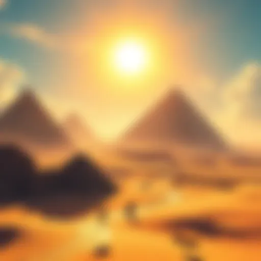 Illustration showing an ancient Egyptian landscape with pyramids and desert