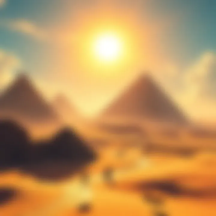 Illustration showing an ancient Egyptian landscape with pyramids and desert