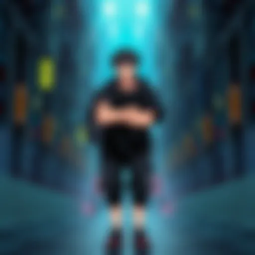 Eido with a rebellious attitude, dressed in casual black clothes, standing confidently with arms crossed, exuding a cool demeanor.