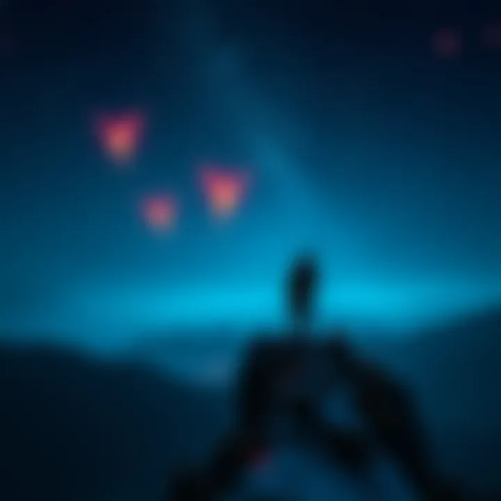 A person standing on a cliff at night, gazing at a starry sky with glowing Eidolons flying in the distance.