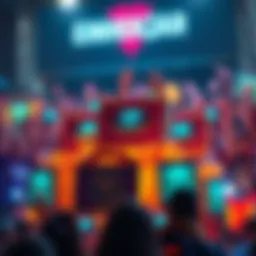 A colorful display of loot-boxes featuring the Einherjar design, surrounded by excited gamers.