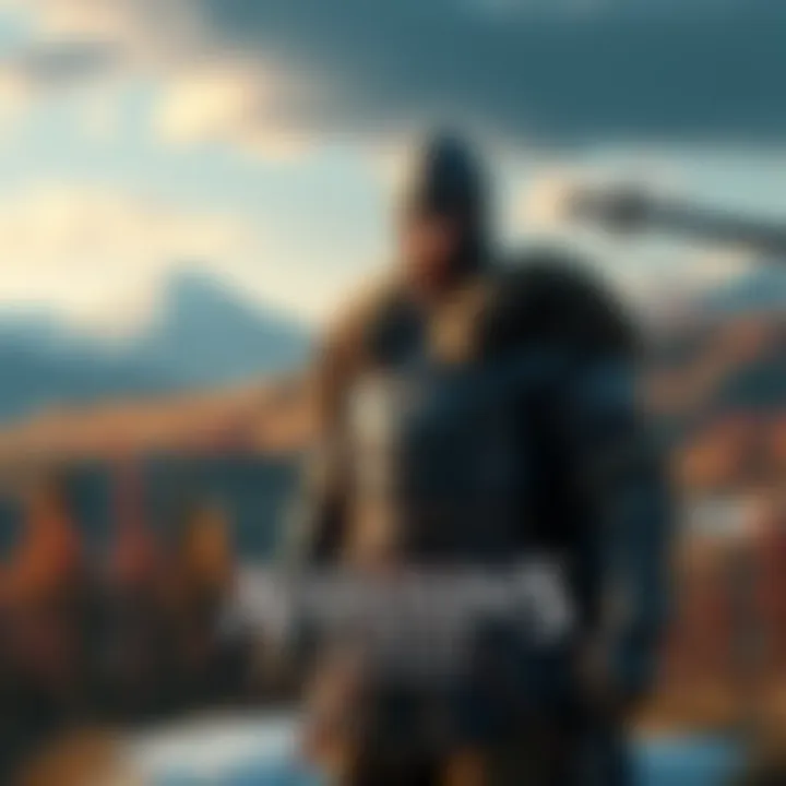 Eivor stands ready for battle in stunning Viking armor against a backdrop of Vinland's landscape.