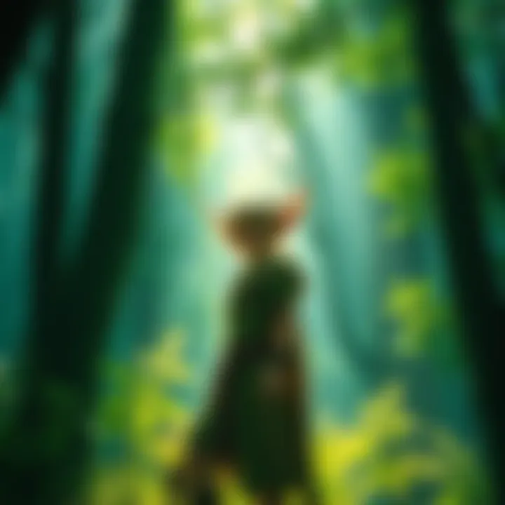 An Eladrin character with pointed ears and nature-themed attire stands in a vibrant green forest, surrounded by trees and mystical light.