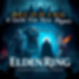 Illustration showing main characters from Elden Ring, including a knight with a sword and a mystical figure. Characters are positioned in a dark, atmospheric setting reflecting the game's lore.