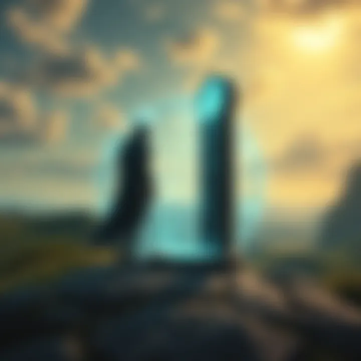 Elden Ring Fast Travel Scene A character in Elden Ring using a fast travel point surrounded by a mystical aura with distant regions visible in the background.