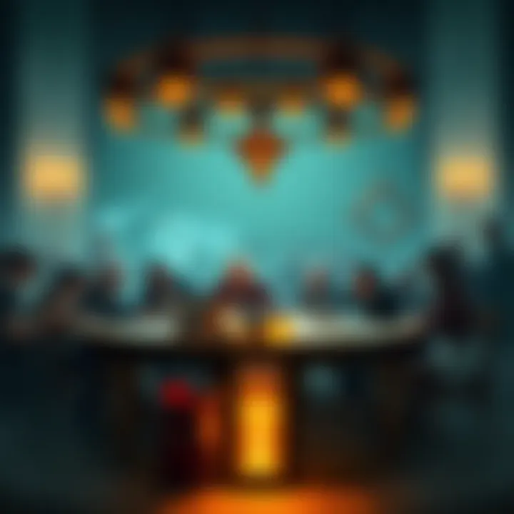 A group of people gathered around a table discussing various theories about Elden Ring characters and storylines. Some are animatedly talking while others are taking notes. The setting is filled with ...