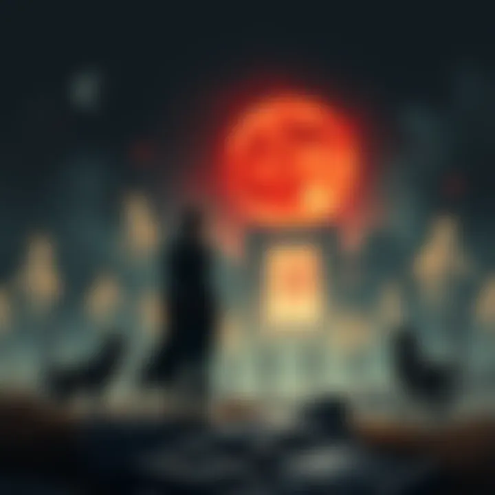 A character from Elden Ring stands in a dark landscape, looking at ancient ruins surrounded by spirits and mysterious symbols