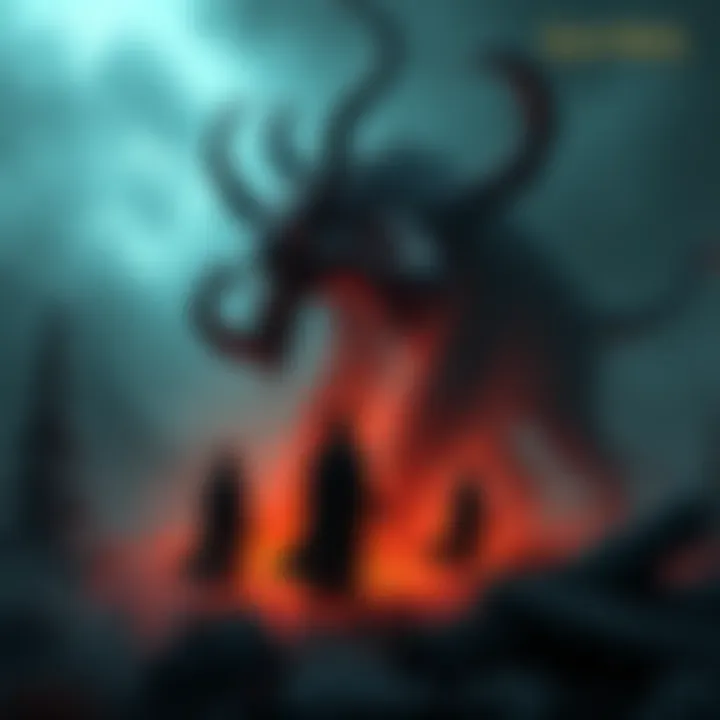 A dark and eerie illustration showing the Elden Beast and shadowy figures representing the Outer Gods, surrounded by a mystical landscape in Elden Ring.